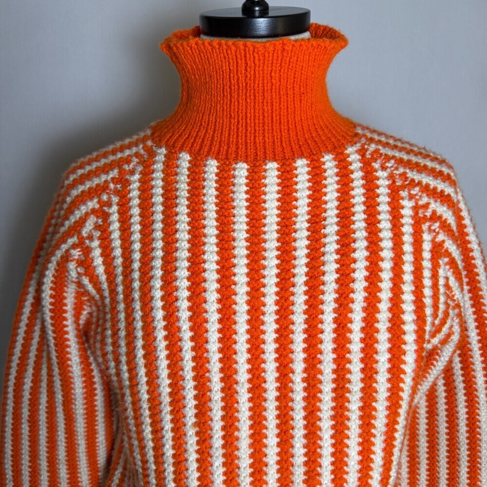 Handmade HandKnit Women's Sweater Orange & White Stripes, Sz L, Turtle/Mock Neck - Picture 2 of 16